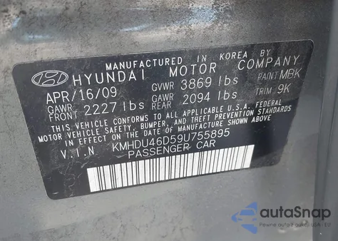 2009 Hyundai Elantra Gls z USA, uszkodzony, nr VIN KMHDU46D59U755895